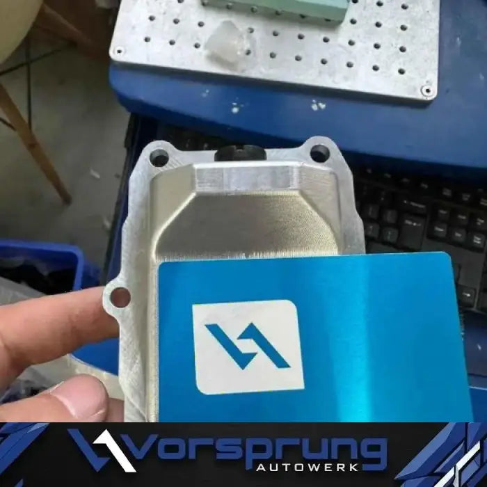 Machined metal engine cover and blue performance plate for Audi 3.0T V6 supercharged engine