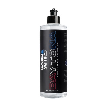 WASH & WHIPS Daytona Tire Coating & Shine bottle showing the 16 oz container with glossy black tire coating product