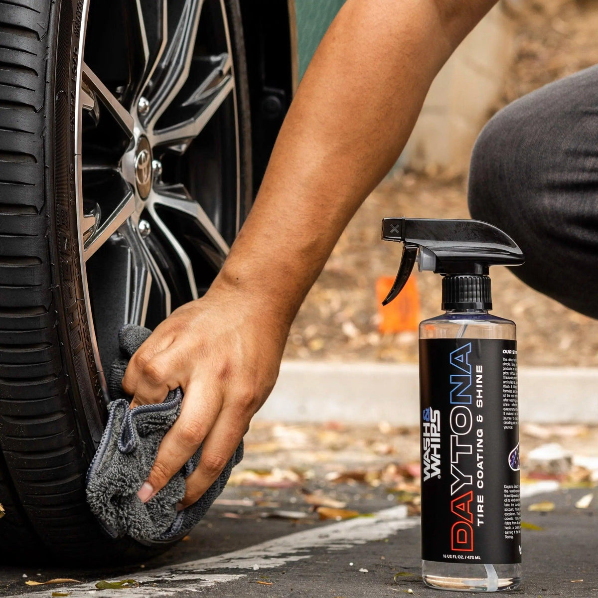 WASH & WHIPS Daytona Tire Coating and Shine in a 16 oz bottle, featuring glossy tire finish and protective coating for car tires.