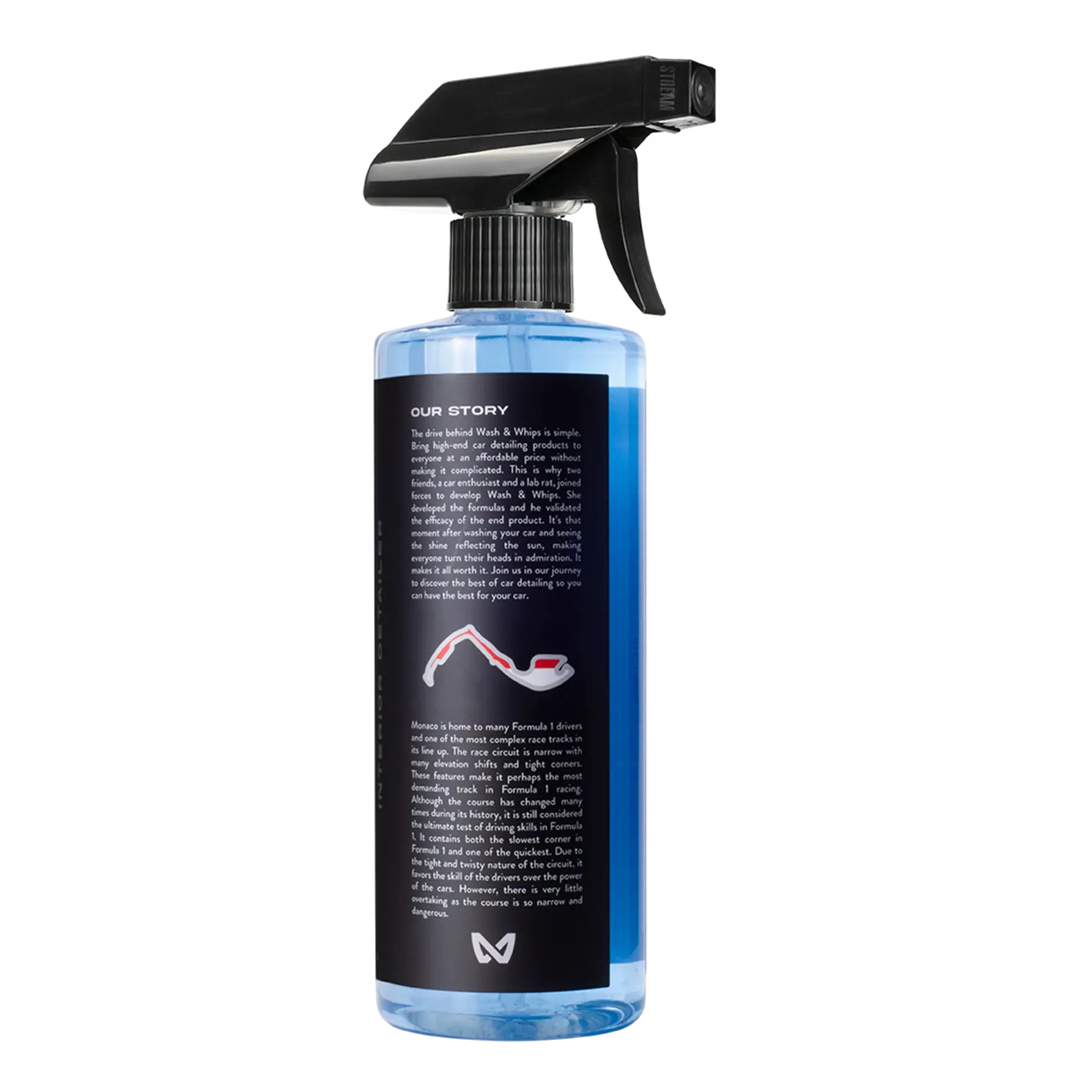 WASH & WHIPS Monaco Interior Cleaner bottle with spray nozzle, 16 oz, designed for car interior cleaning.