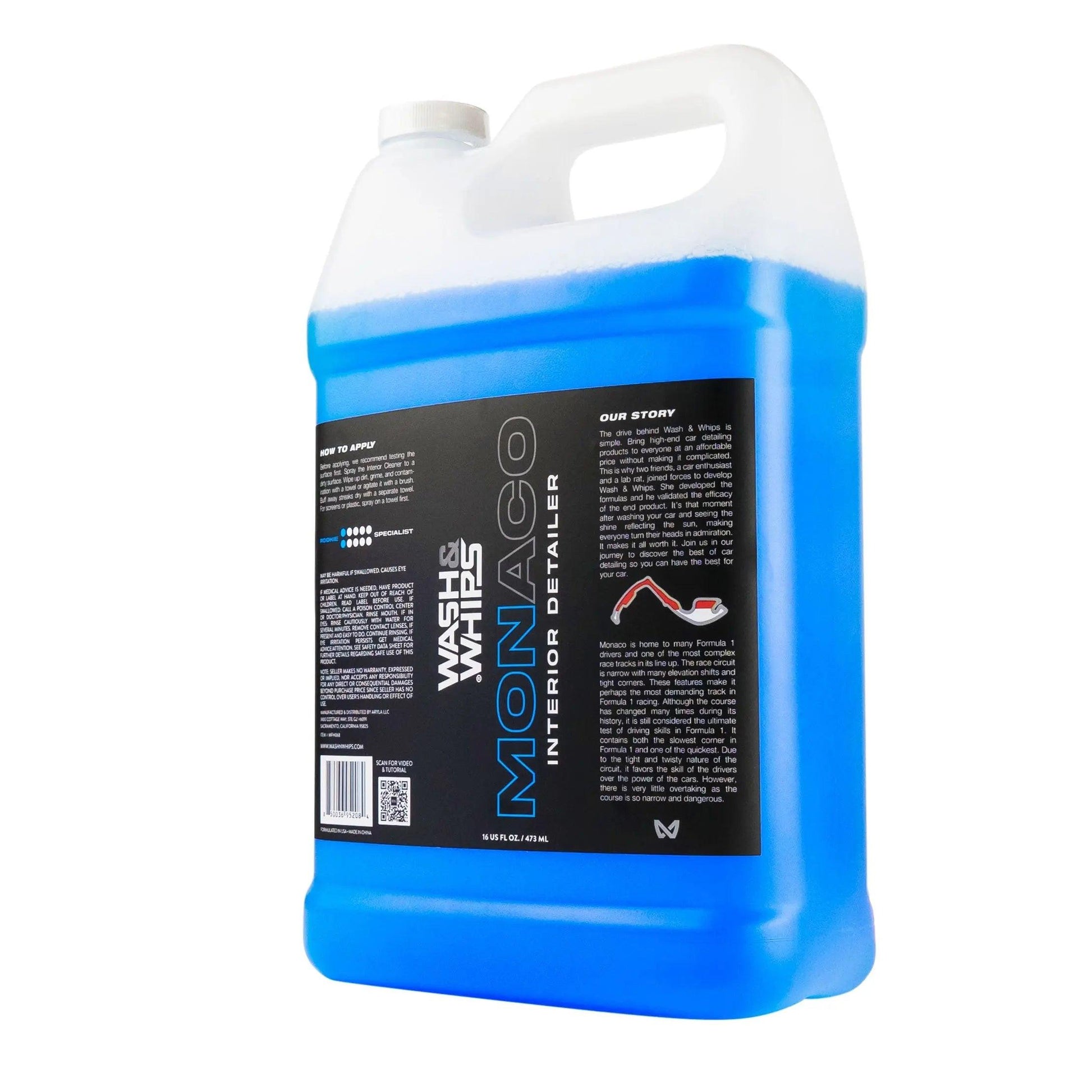 WASH & WHIPS Monaco Interior Cleaner in 16 oz bottle, showcasing the label and product packaging for vehicle interior cleaning.