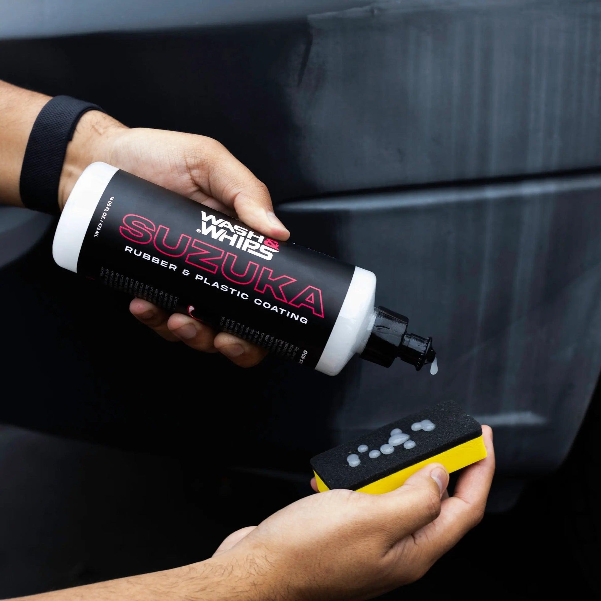 WASH & WHIPS Suzuka Rubber & Plastic Coating bottle showing the product label and packaging for automotive protection.
