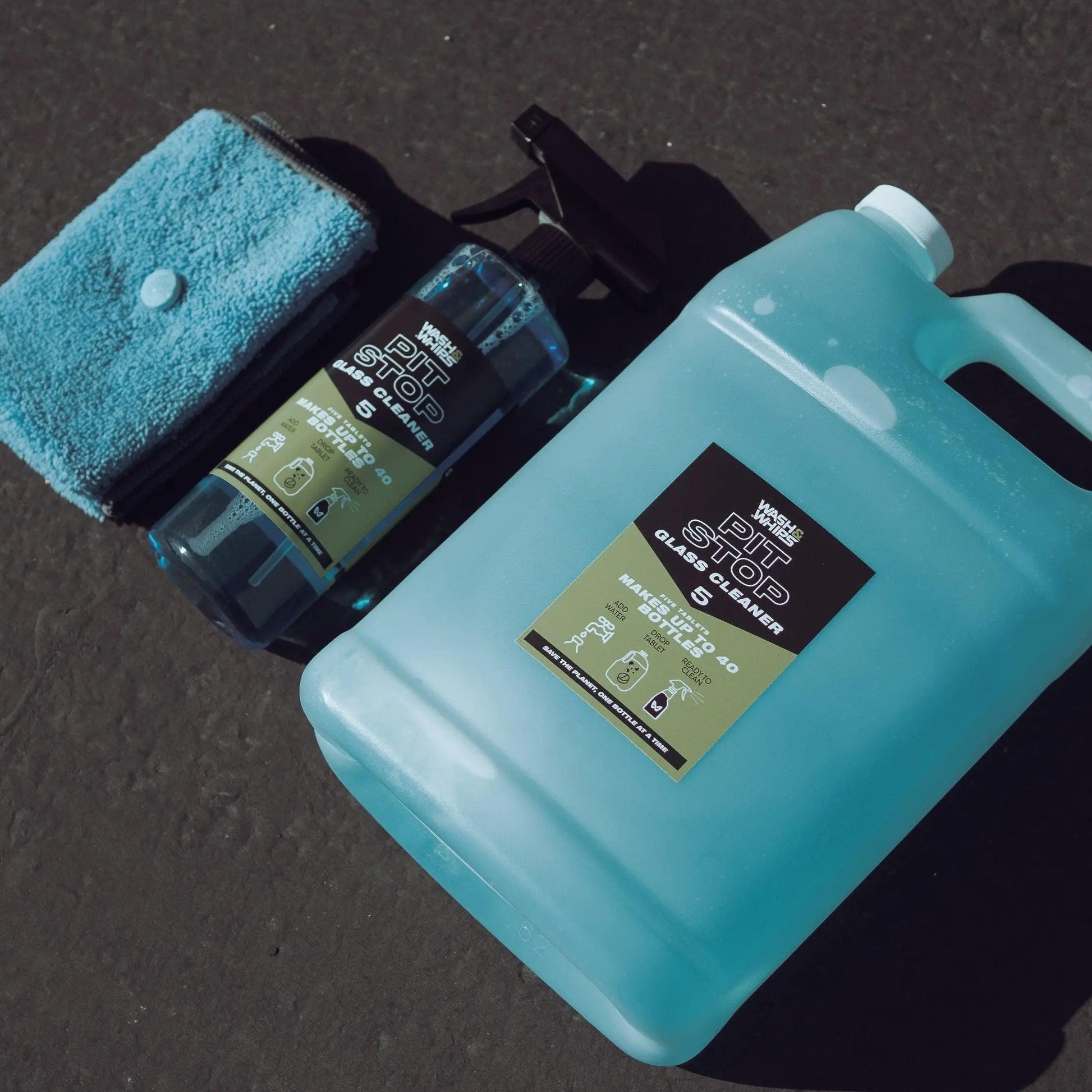 WASH & WHIPS Pit Stop Glass Cleaner and All Surface Cleaner refill tablets in blue, single pack, for making 5 gallons of cleaner.