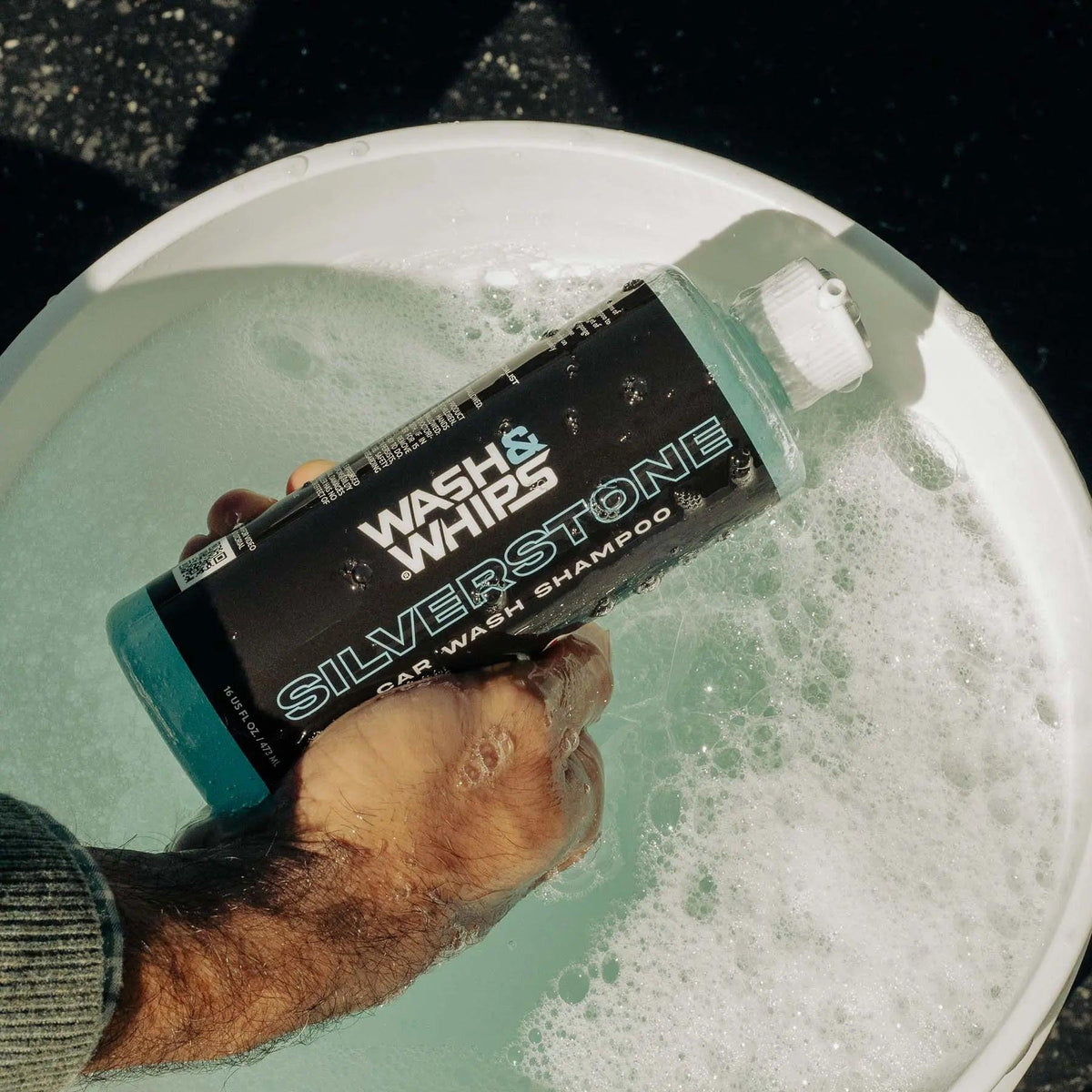 WASH&WHIPS Silverstone Car Wash Shampoo in a 16 oz bottle, a car soap and shampoo for cleaning vehicles.