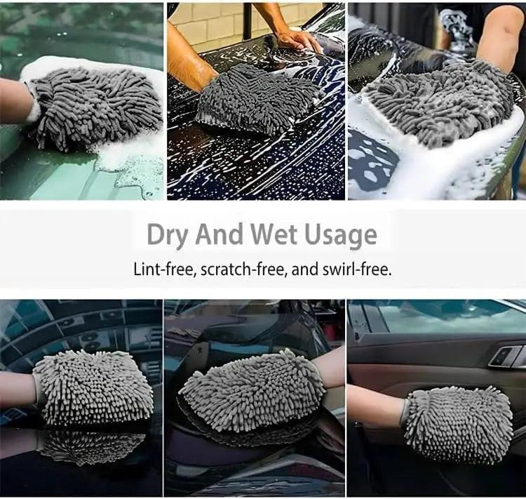 Blue WASH&WHIPS Chenille microfiber car wash mitt and black Pitstop particle interceptor in a car wash bucket.