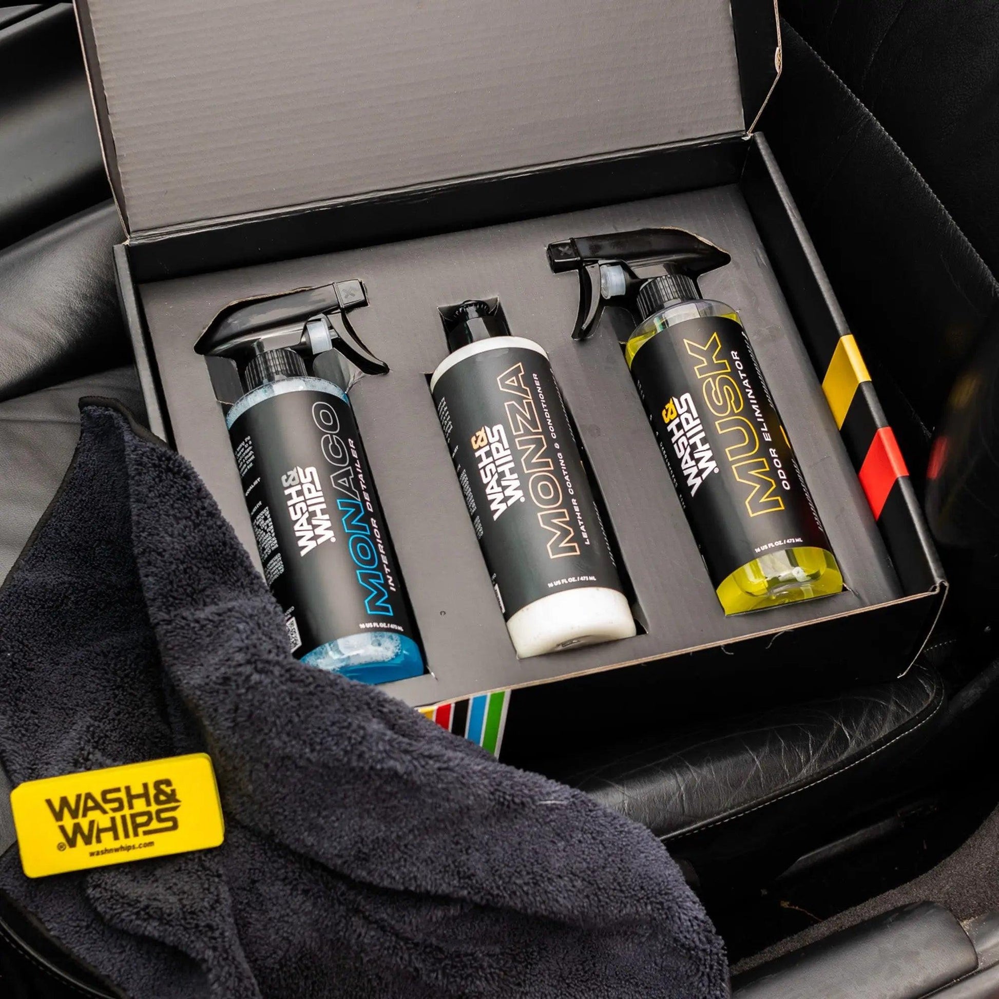 WASH & WHIPS 3-Step Car Care System car wash kit with sponge, mitt, and cleaning tools for automotive cleaning.