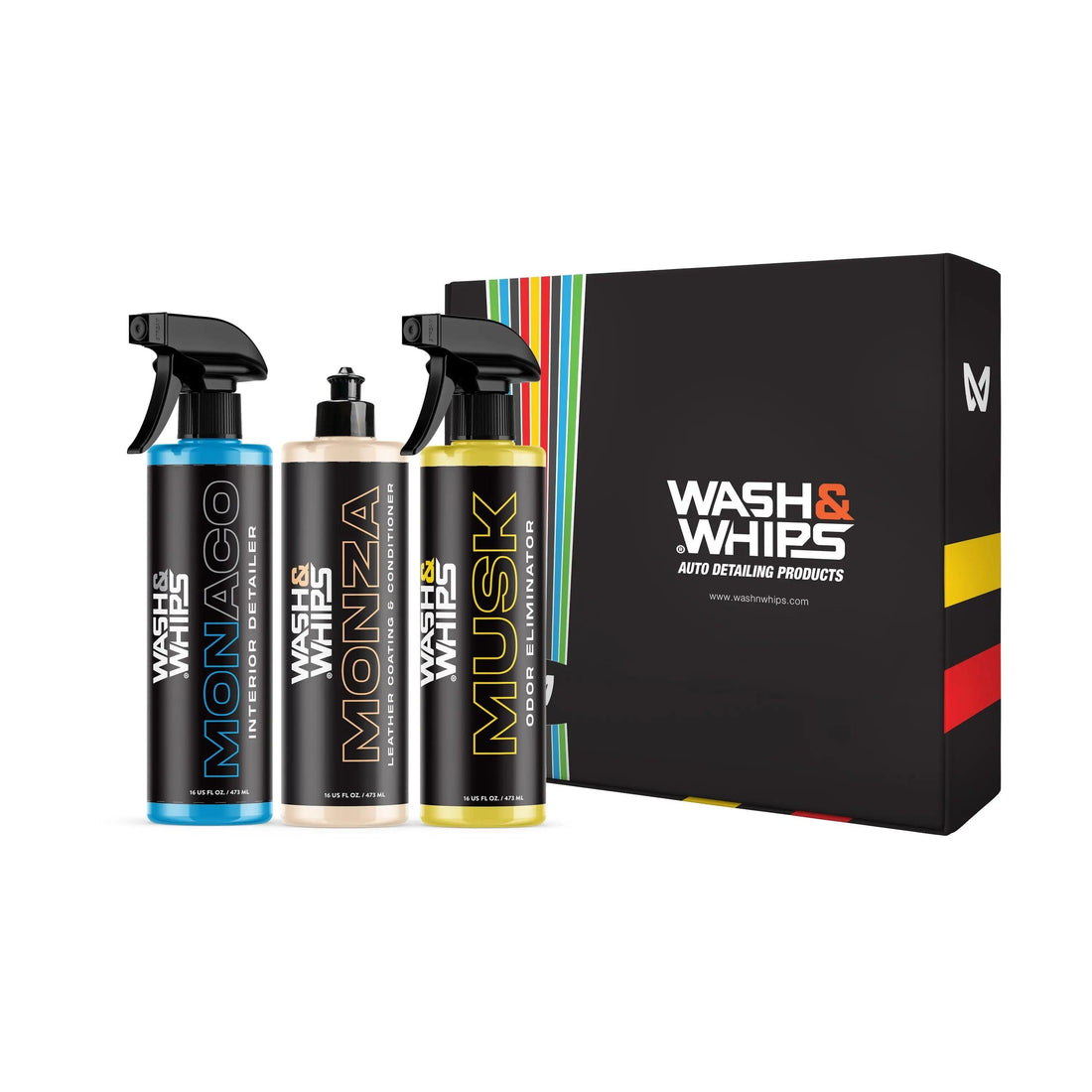WASH&WHIPS CLEAN interior car wash kit, step 2, featuring cleaning tools and supplies for detailed vehicle interior cleaning.