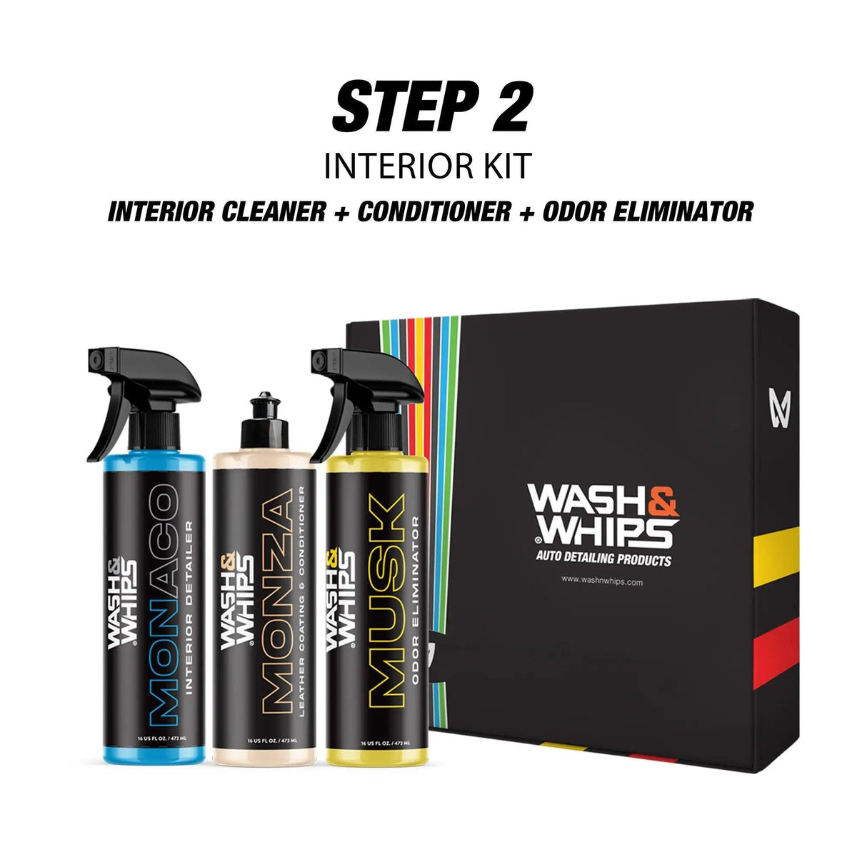 WASH&WHIPS CLEAN interior car wash kit step 2 with microfiber cloths and cleaning tools for vehicle interior cleaning.