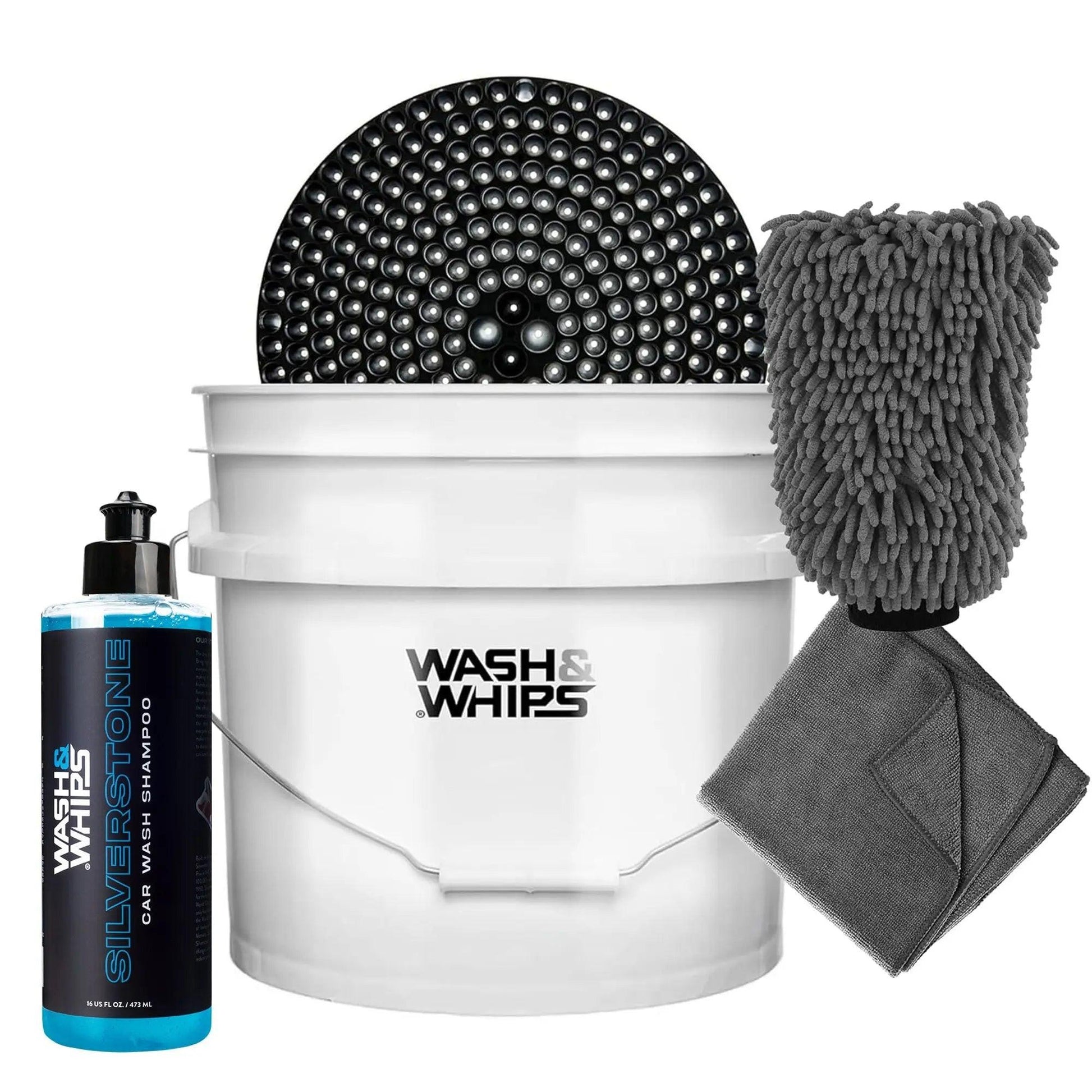 WASH & WHIPS Car Wash Kit with 3-gallon bucket, particle trap, shampoo, chenille mitt, microfiber towel, and five cleaning accessories.