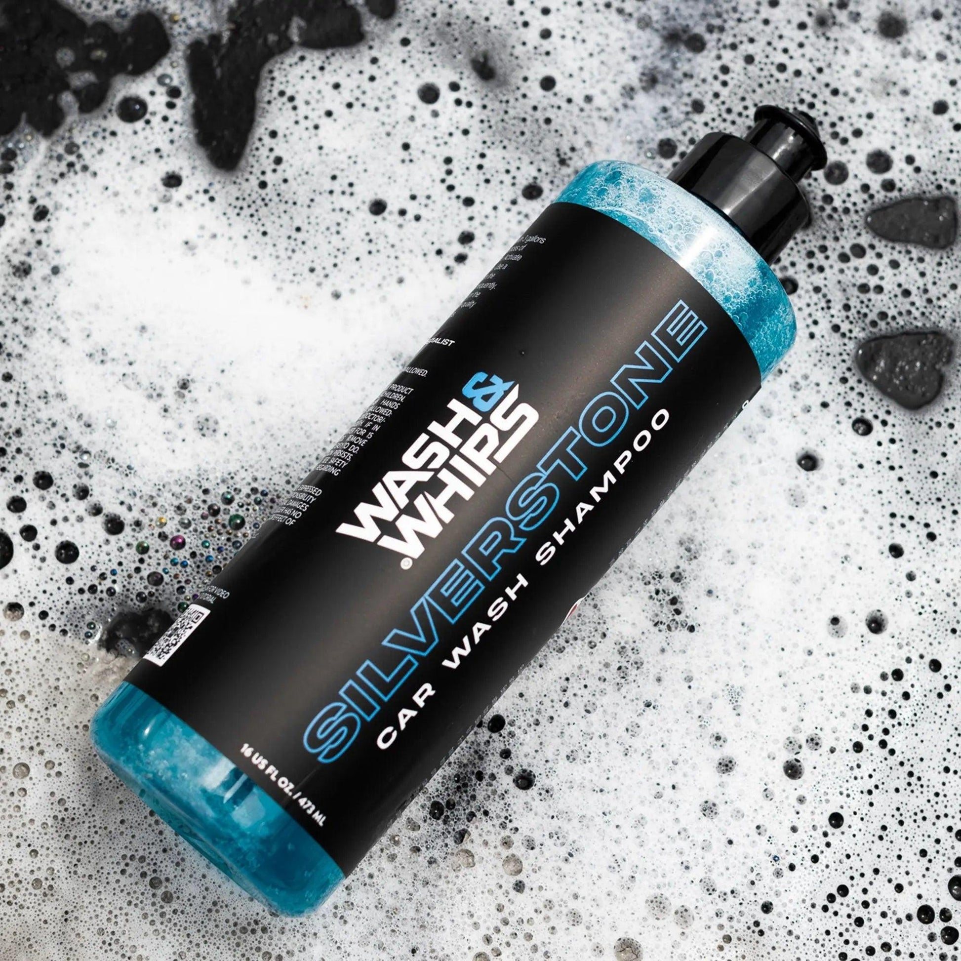 WASH & WHIPS Car Wash Kit featuring a 3-gallon bucket, particle trap, microfiber towel, chenille mitt, and car shampoo.