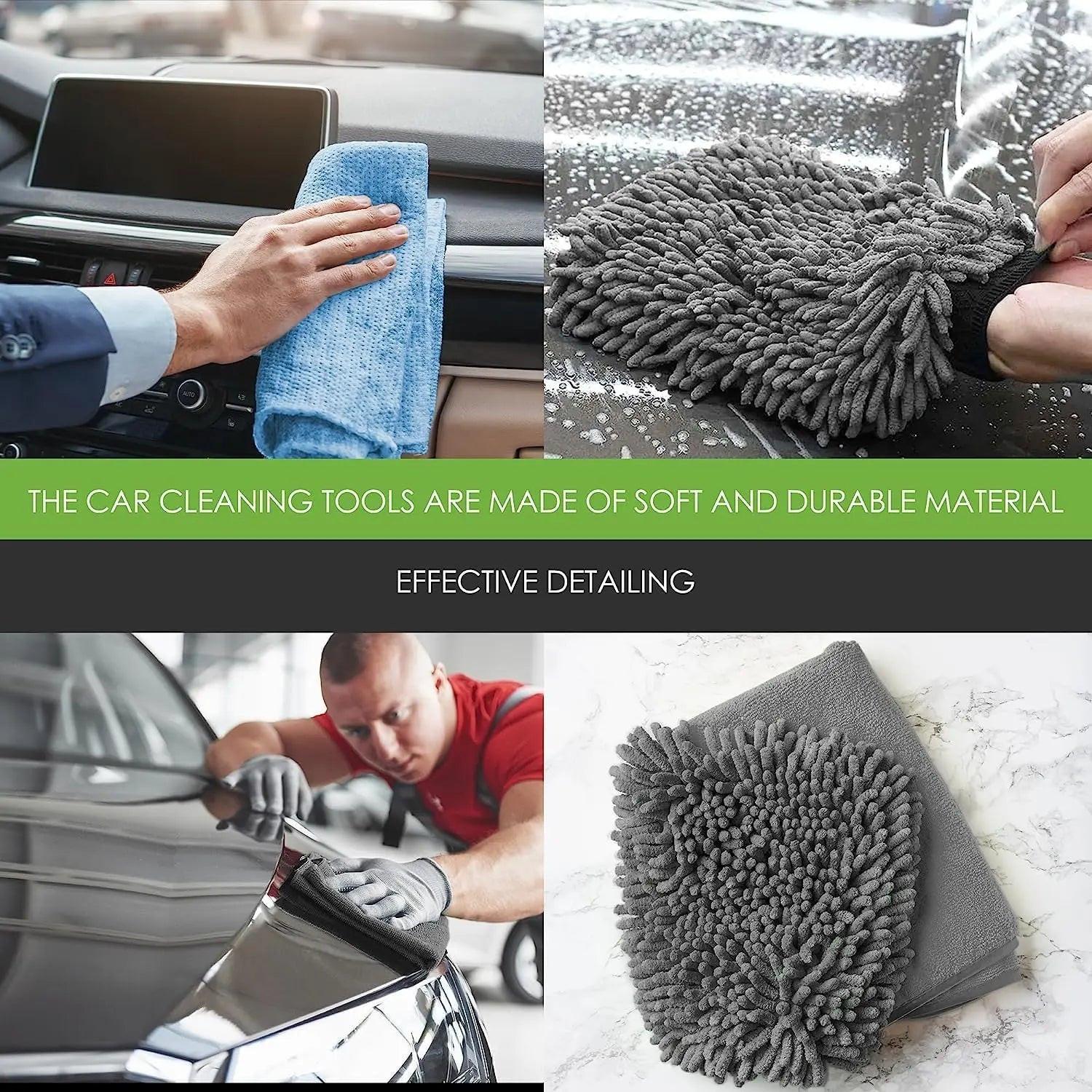 WASH & WHIPS Car Wash Kit with 3-gallon bucket, particle trap, shampoo, chenille mitt, microfiber towel, and 5-piece cleaning set.