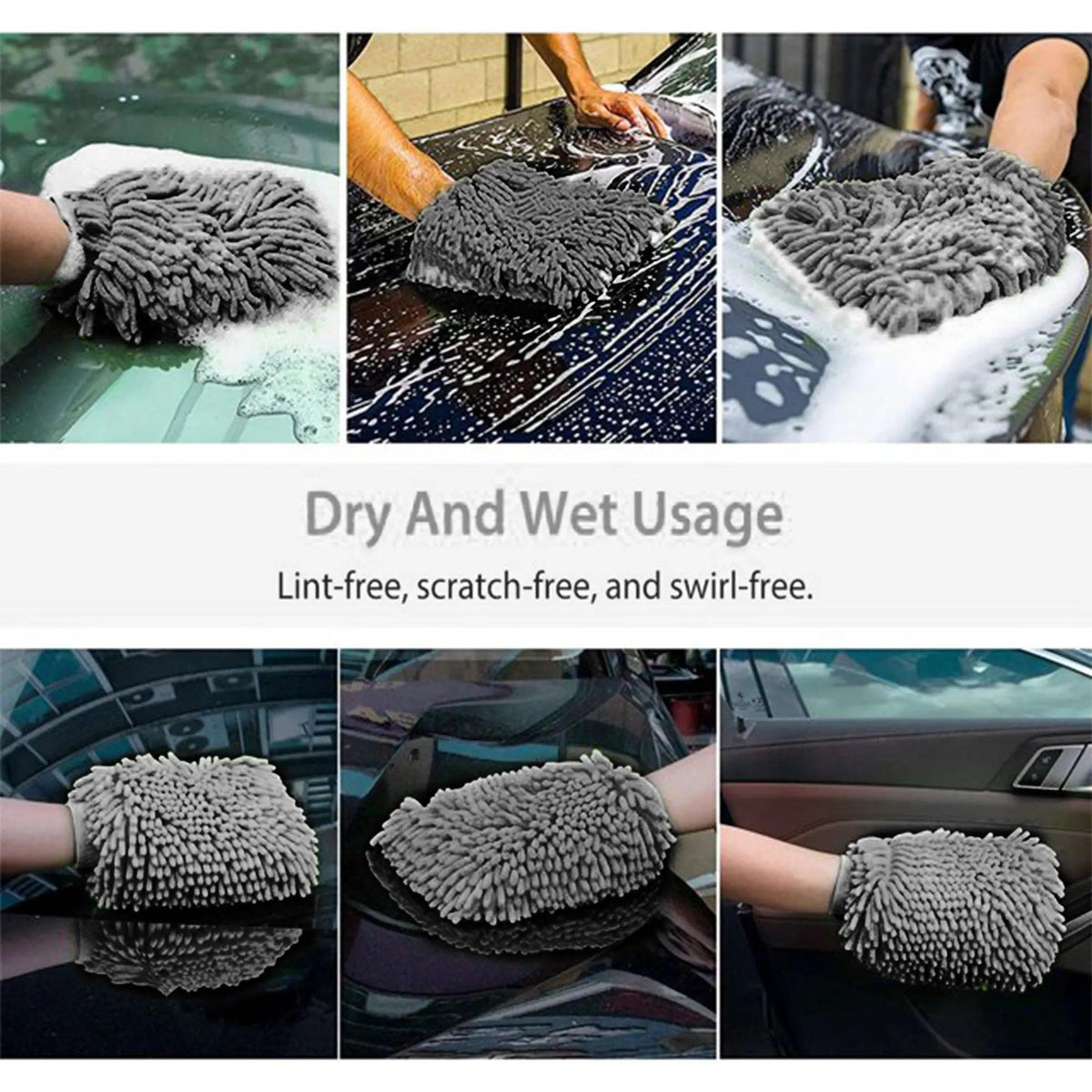 Pair of WASH&WHIPS microfiber chenille car cleaning mitts, soft and durable for effective vehicle cleaning and detailing.