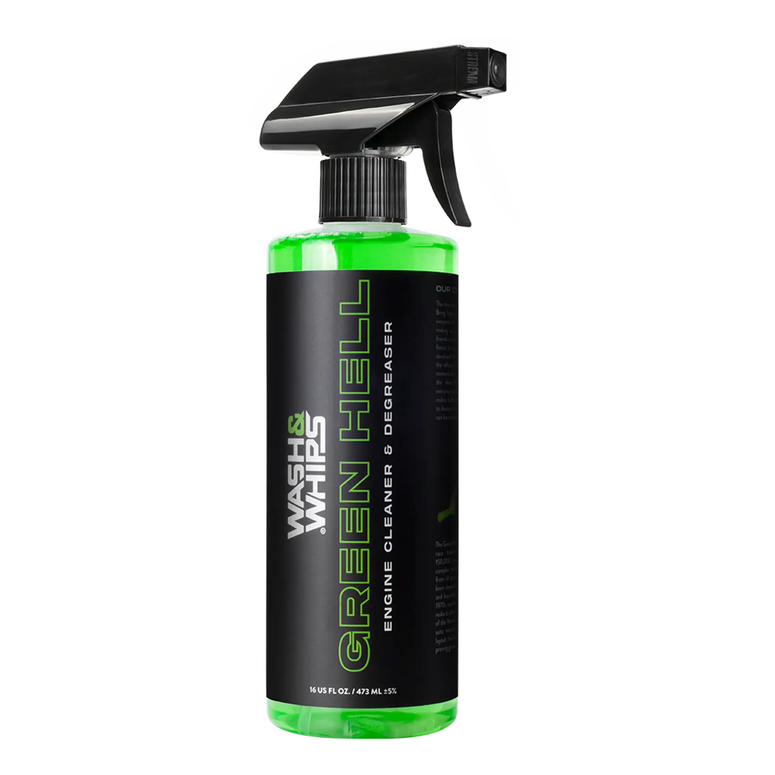 WASH & WHIPS Green Hell Engine Cleaner & Degreaser in 16 oz bottle, powerful automotive degreaser for engine cleaning.
