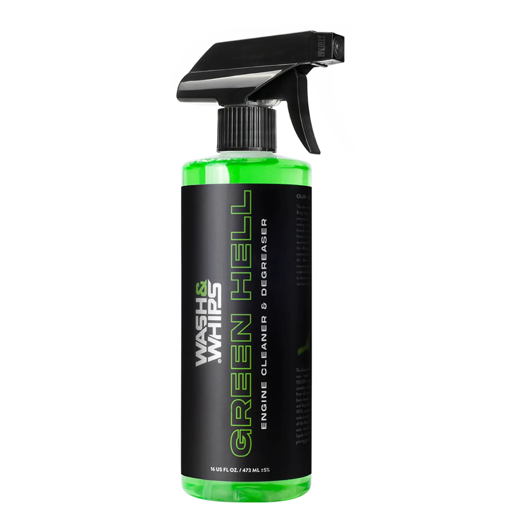 WASH & WHIPS Green Hell Engine Cleaner & Degreaser in 16 oz bottle, powerful automotive degreaser for engine cleaning.