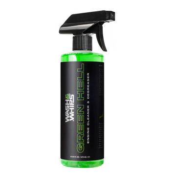 WASH & WHIPS Green Hell Engine Cleaner & Degreaser in 16 oz bottle, powerful automotive degreaser for engine cleaning.