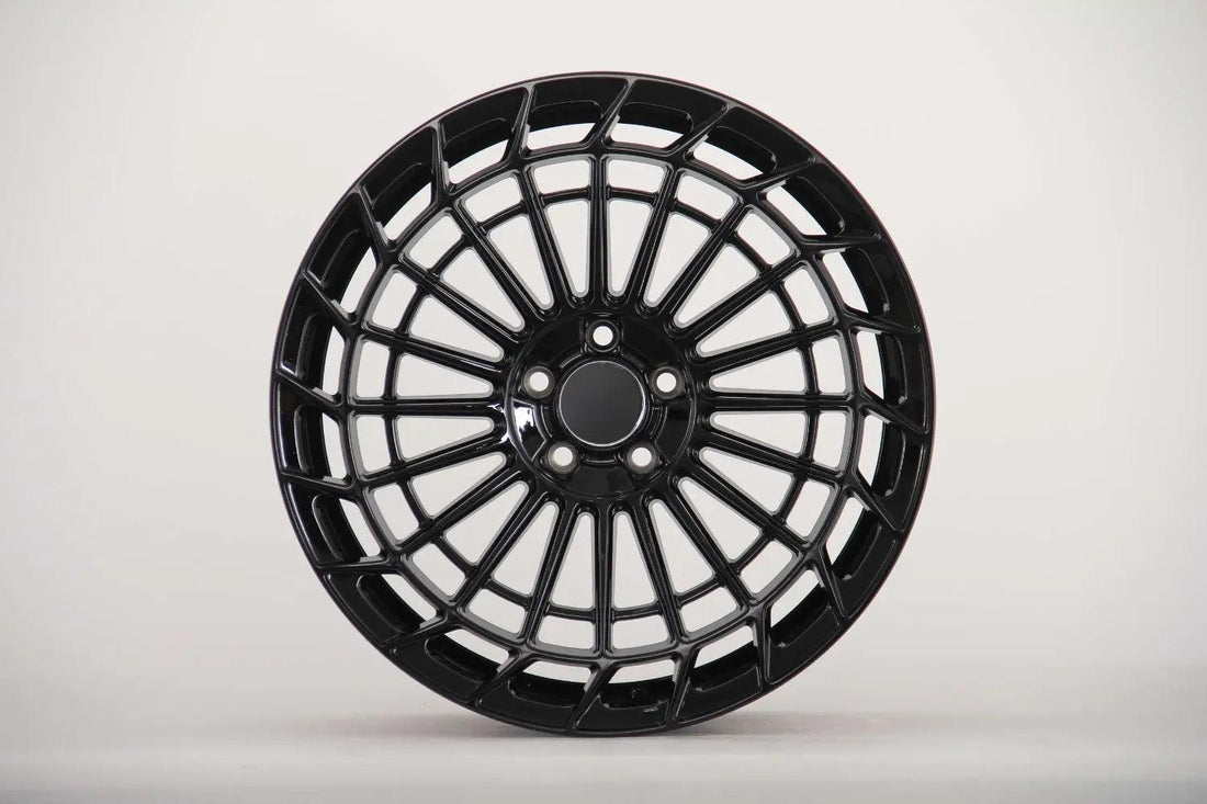 Gloss black 19-inch IPW 040 wheels by WheeloutletNJ, featuring 8-inch width and 42mm offset for a sleek, modern look.