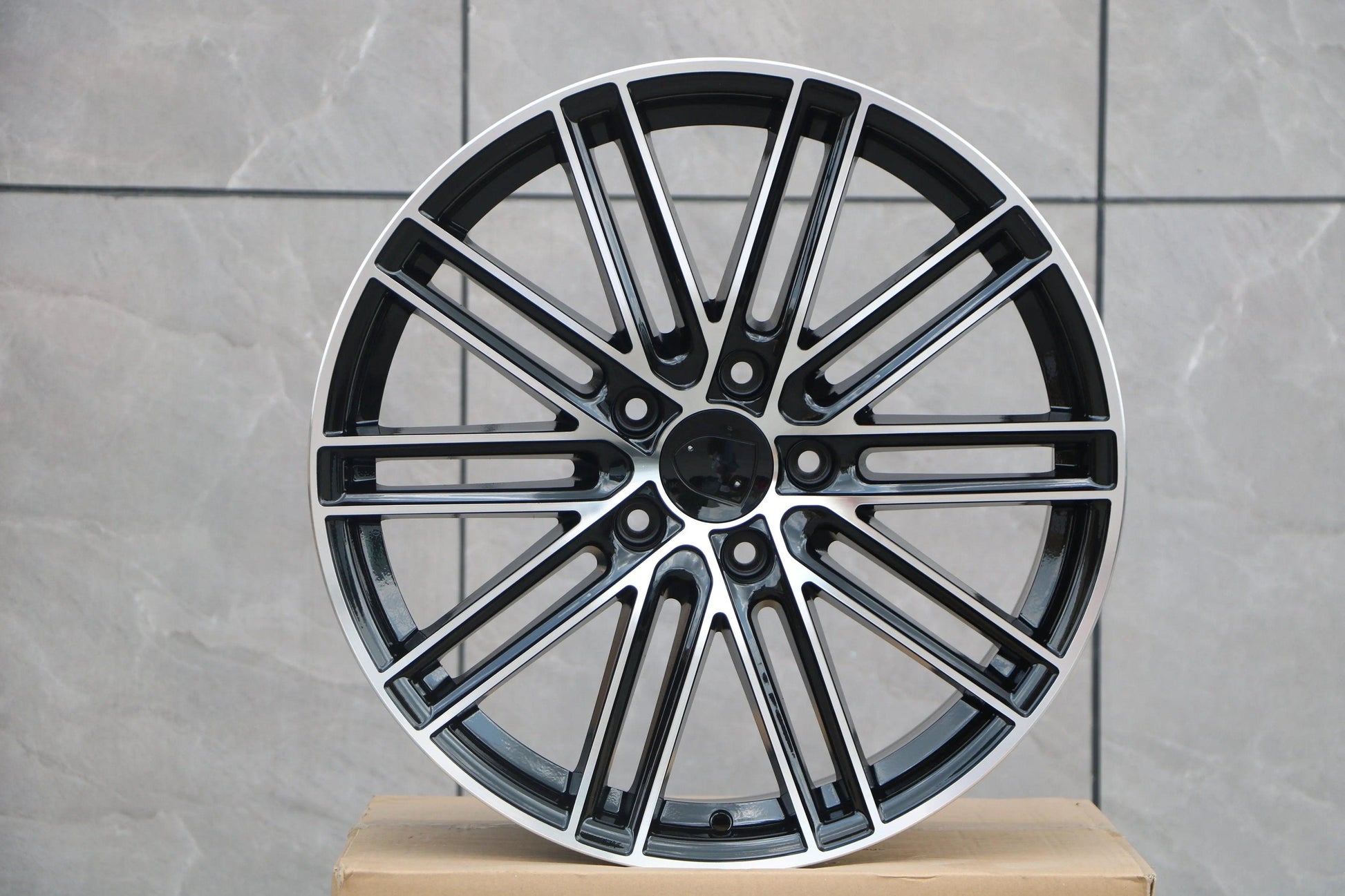 20-inch GTS style black machined face wheels for Porsche Cayenne, Panamera, Audi Q7 by WheeloutletNJ, showcasing the wheel's design.