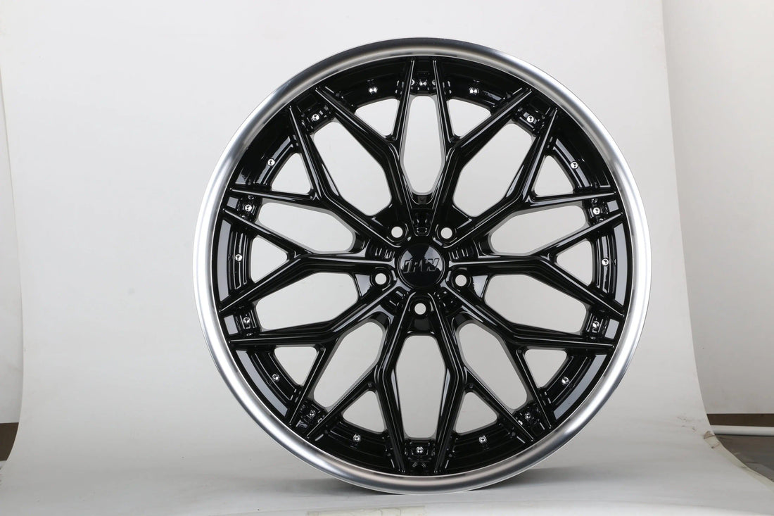 22-inch black machined lip WheeloutletNJ IPW 105 wheels showing a close-up of the rim and wheel design.