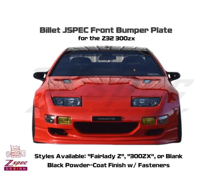 ZSPEC Design black front bumper plate for Nissan Z32 300ZX, powder-coated billet with Z32 logo, fitting '90-99 models.