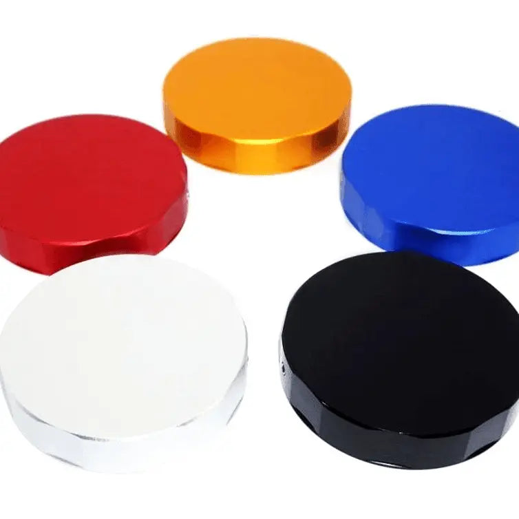 Black ZSPEC Design billet reservoir cap cover, 83mm diameter, 17mm tall, made of colored billet metal with precise craftsmanship.