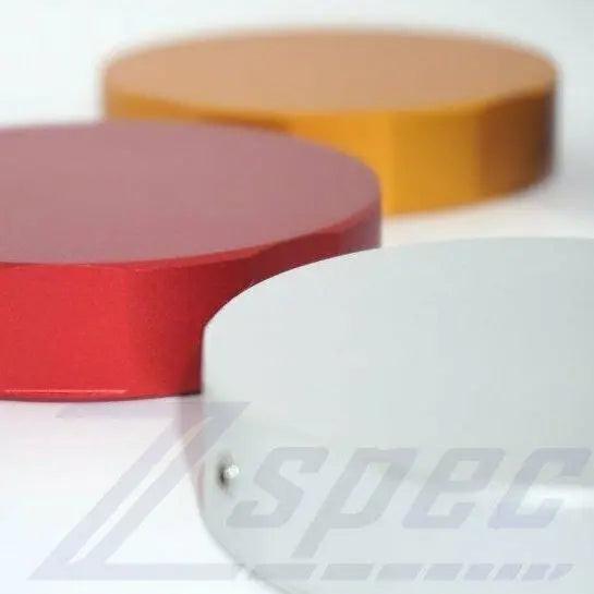 Black ZSPEC Design billet reservoir cap cover, 83mm diameter, 17mm tall, made of colored billet aluminum, for automotive fluid reservoirs.
