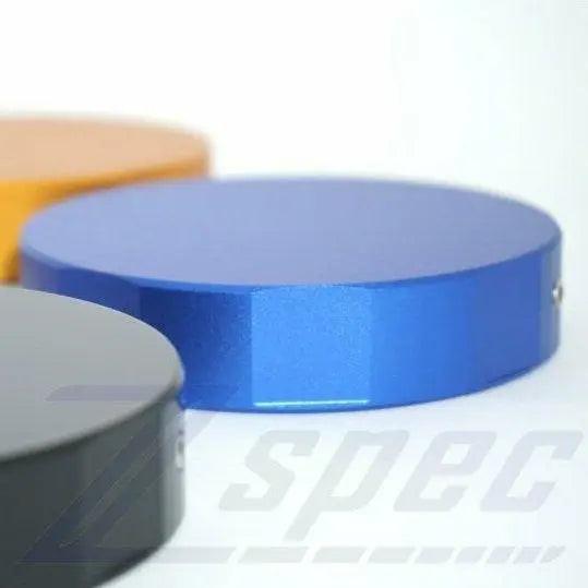 Black ZSPEC Design billet reservoir cap cover, 83mm diameter, 17mm tall, made of colored billet aluminum, for automotive use.