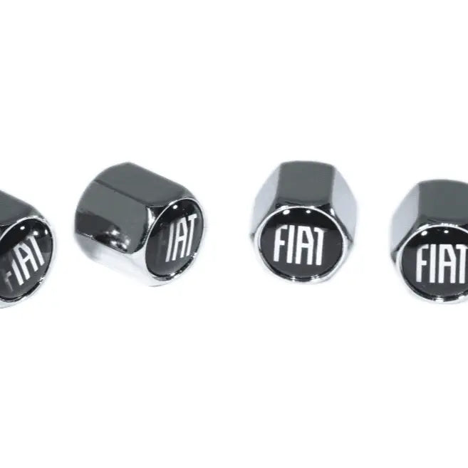 Chrome valve stem tire caps with Fiat style design by ZSPEC Design, featuring a sleek, shiny finish for automotive enhancement.