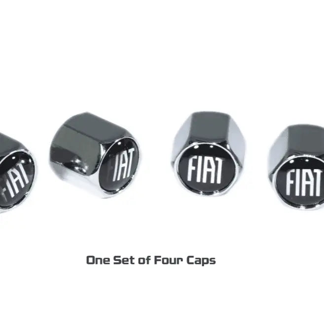 Chrome Fiat valve stem tire caps by ZSPEC Design, featuring a sleek, stylish design for durable wheel accessory enhancement.