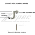 Stainless ZSPEC Design 25mm battery bracket rod with M6 bolt and fastener, designed for secure automotive battery mounting.