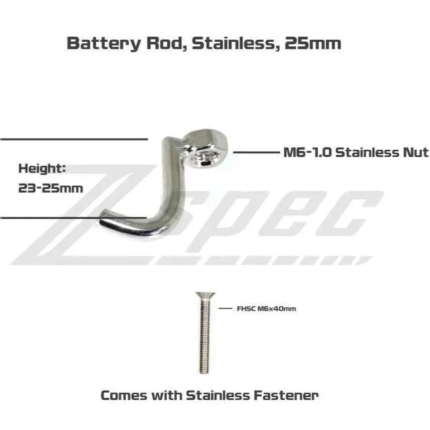 Stainless ZSPEC Design 25mm battery bracket rod with M6 bolt and fastener, designed for secure automotive battery mounting.