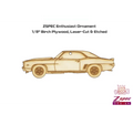 Laser-engraved wood ornament featuring a classic Camaro design by ZSPEC Design, made of birch, approximately 5 inches wide.