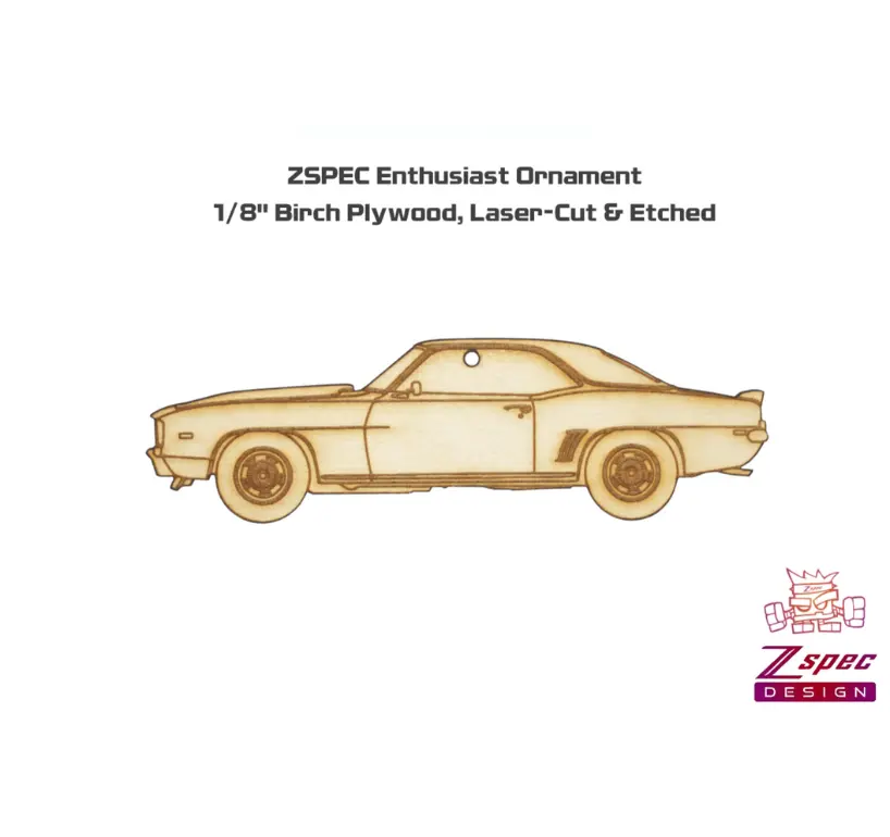 Laser-engraved wood ornament featuring a classic Camaro design by ZSPEC Design, made of birch, approximately 5 inches wide.