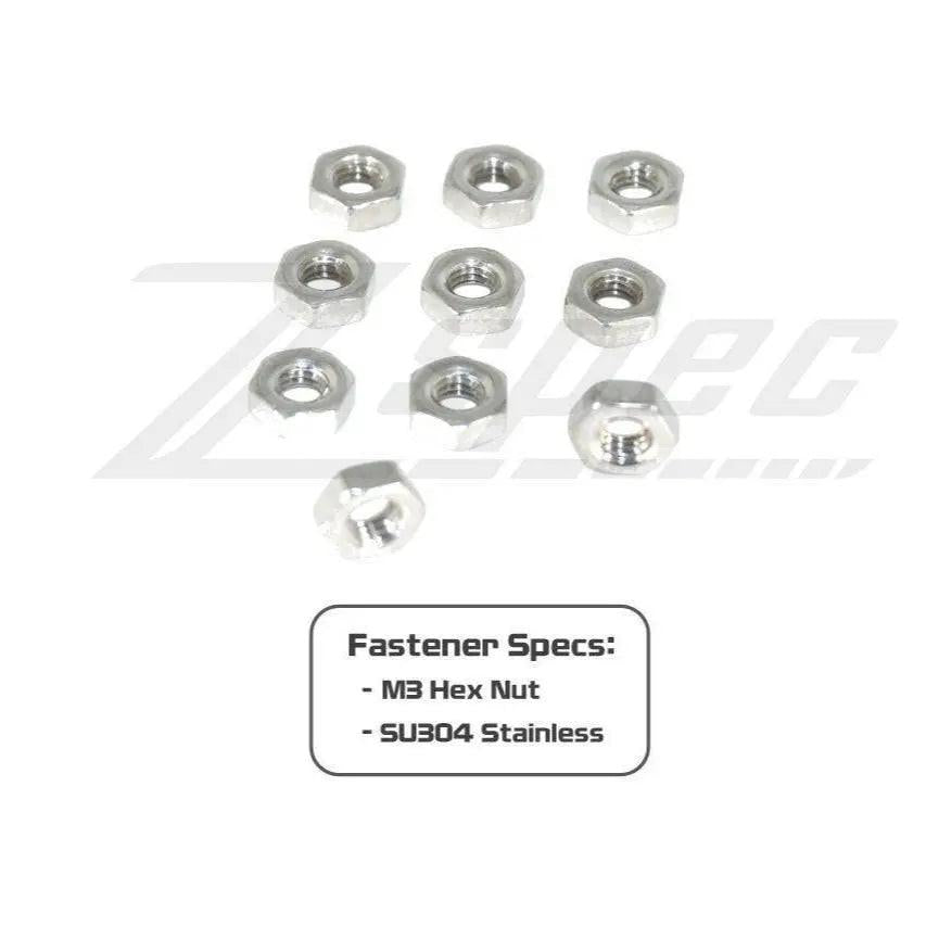 Set of 10 stainless SUS304 M3-0.5 hex nuts from ZSPEC Design, durable metal fasteners for industrial and DIY projects.