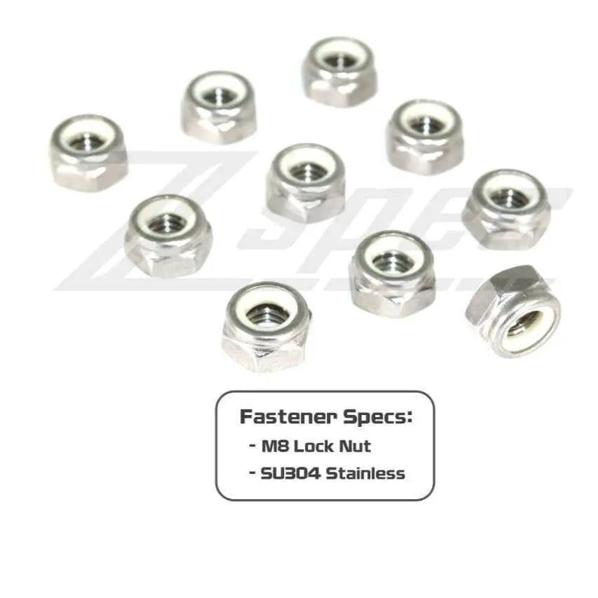 Set of 10 ZSPEC Design M8-1.25 stainless steel nylon lock nuts, SUS304, for secure fastening and durable mechanical connections.
