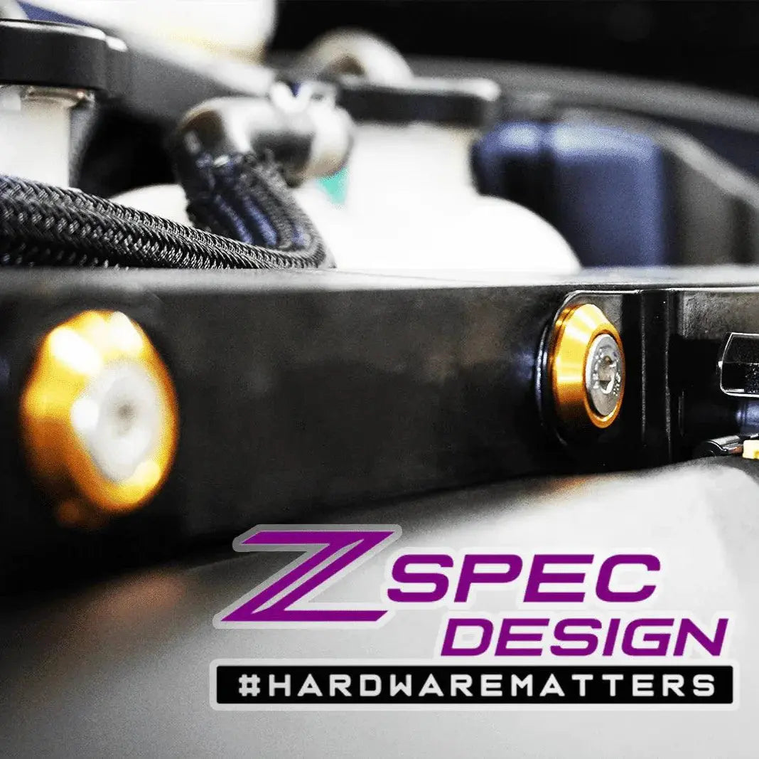 ZSPEC Design M6-1.0x20mm stainless steel billet metric fender fastener kit with 10 fasteners on a black background.
