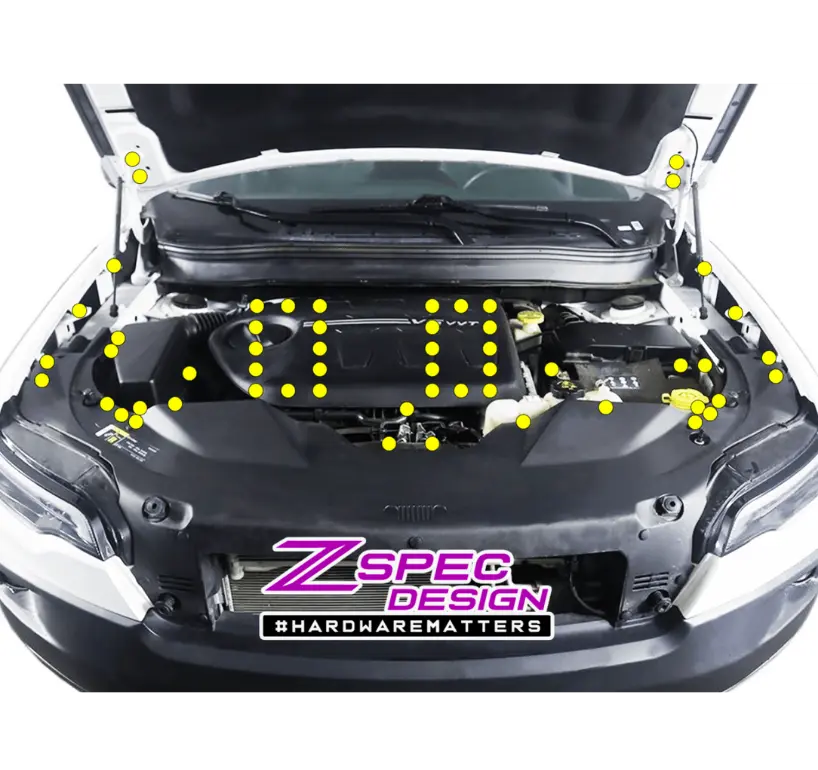 Stainless and billet ZSPEC Stage 2 Dress Up Bolts Fastener Kit for 2014-2020 Jeep Cherokee V6, featuring gloss black finish.