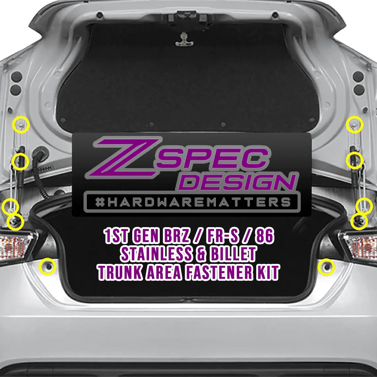 ZSPEC Design gloss black trunk dress-up bolts kit for Scion FRS, Subaru BRZ, Toyota 86, featuring stainless and billet bolts.