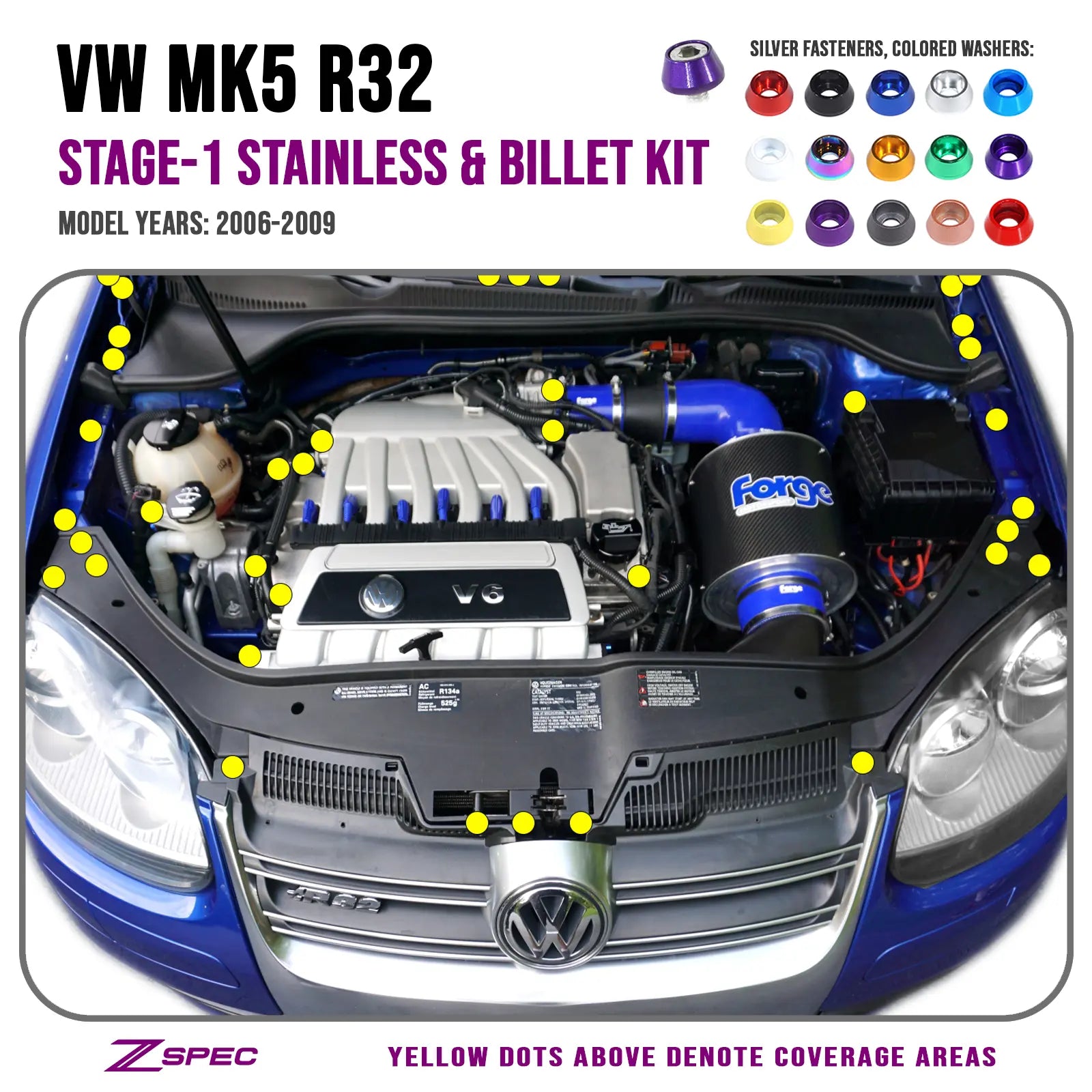 ZSPEC "Stage 1" Dress Up Bolts fastener kit for 06-09 VW Golf R32 MK5, stainless and billet metal, shiny red finish.