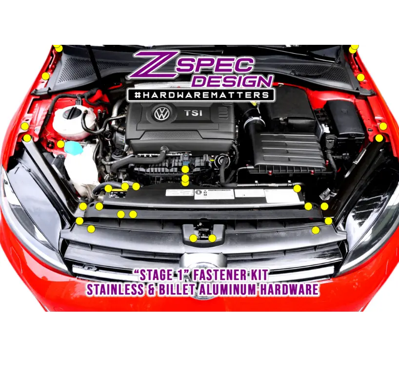 ZSPEC Stage 1 Dress Up Bolts Fastener Kit for 2015+ VW Golf R MK7, stainless steel and billet finish, includes various fasteners.