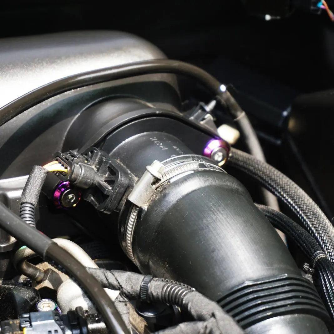ZSPEC "Stage 3" Dress Up Bolts Fastener Kit for Mini R57 Convertible, stainless steel and billet finish, shown on car.