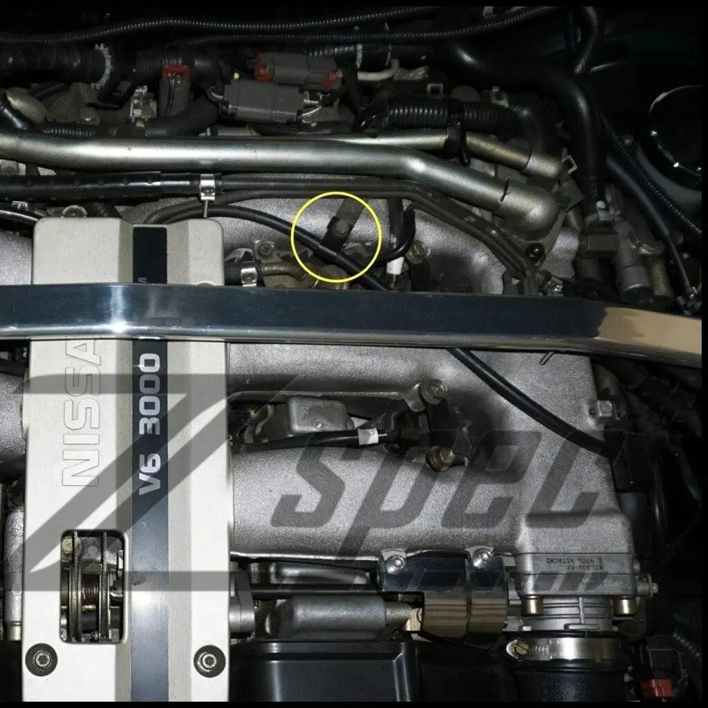 Polished stainless ZSPEC throttle cable clip for 1990-1996 Nissan 300ZX Z32, designed for secure throttle cable mounting.