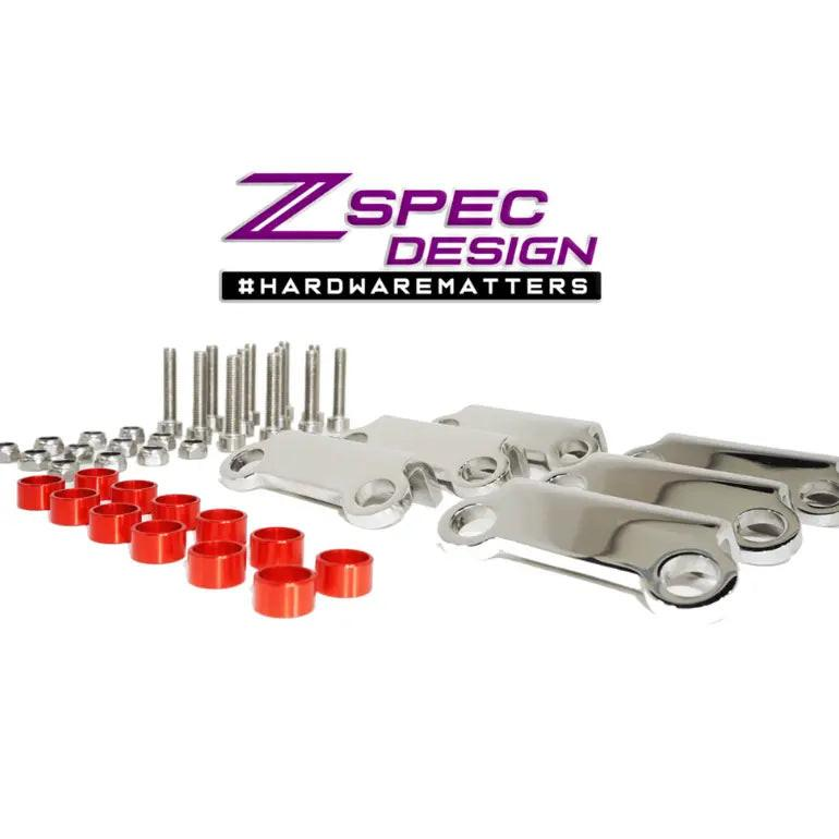 Polished stainless coil brackets kit by ZSPEC Design for 90-99 Nissan Z32 300ZX, featuring matte purple accents and durable construction.