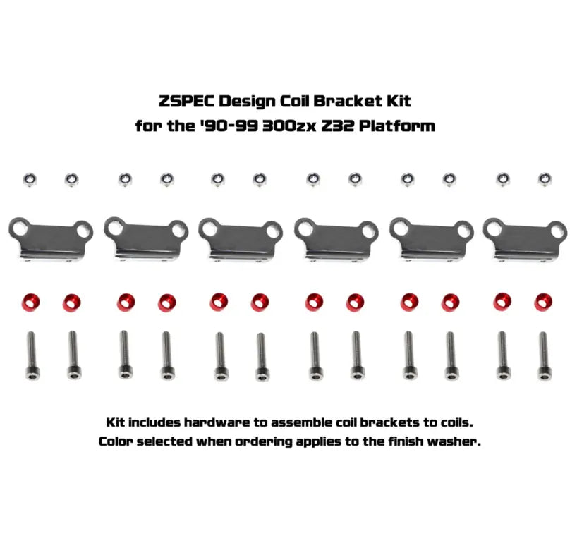 Polished stainless coil brackets kit for 90-99 Nissan Z32 300ZX by ZSPEC Design, featuring matte purple accents and durable construction.