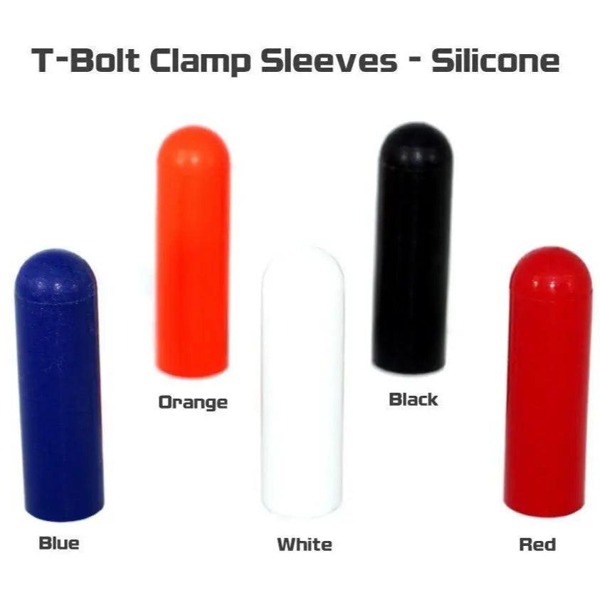 Set of 10 orange silicone rubber T-bolt clamp dress-up sleeves and caps by ZSPEC Design for automotive or industrial use.