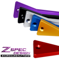 Red billet ZSPEC battery hold down bracket with stainless hardware for Datsun Z and ZX cars, designed for secure engine bay mounting.