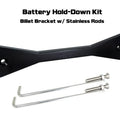 Red ZSPEC Design battery hold down bracket for Datsun Z and ZX cars, made of billet aluminum with stainless hardware.