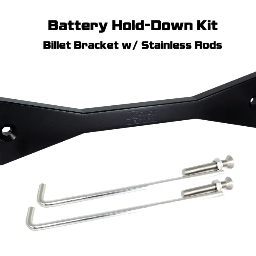 Red ZSPEC Design battery hold down bracket for Datsun Z and ZX cars, made of billet aluminum with stainless hardware.