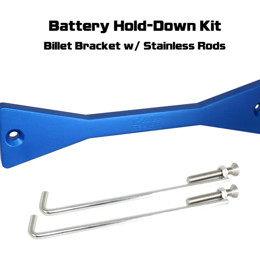 Red ZSPEC Design billet battery hold down bracket with stainless hardware for Datsun Z and ZX cars, securely mounts the battery.