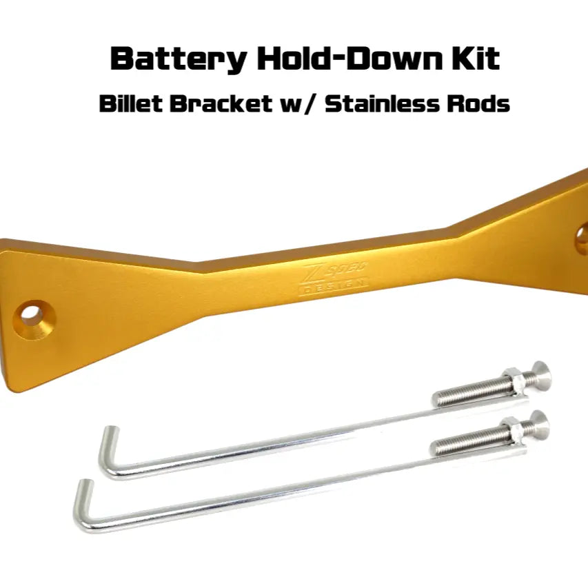 Red billet ZSPEC battery hold down bracket with stainless hardware for Datsun Z and ZX cars, securely holds the battery in place.