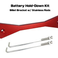ZSPEC Design billet battery hold down bracket with stainless hardware for Datsun Z and ZX cars, red finish with no etch.
